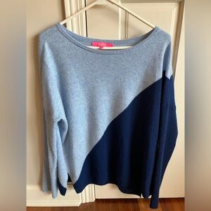 Lilly Pulitzer Light Blue & Navy Diagonal Cashmere Crewneck Sweater Size S